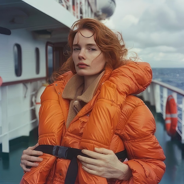 An image of a woman in an orange jacket