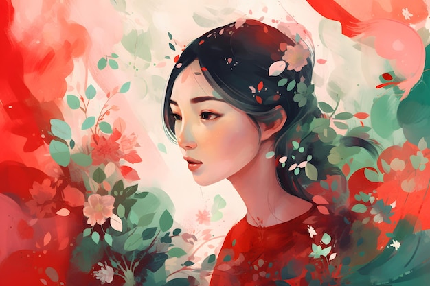 Image of woman in red dress with flowers in her hair Generative AI