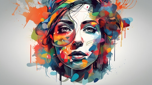 Image of woman's face with colorful paint splatters Generative AI