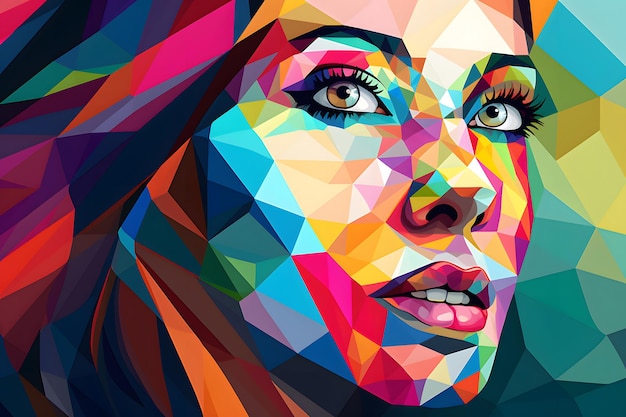 Image of woman's face with multicolored triangles on it Generative AI