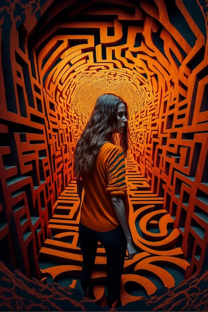 Image of a woman standing in maze with bright orange light generative ai