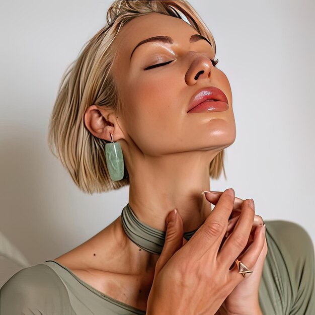 Photo an image of a woman wearing a green shirt and earrings