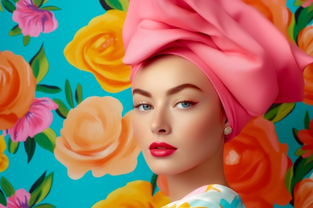 Image of woman wearing pink turban with flowers on it Generative AI