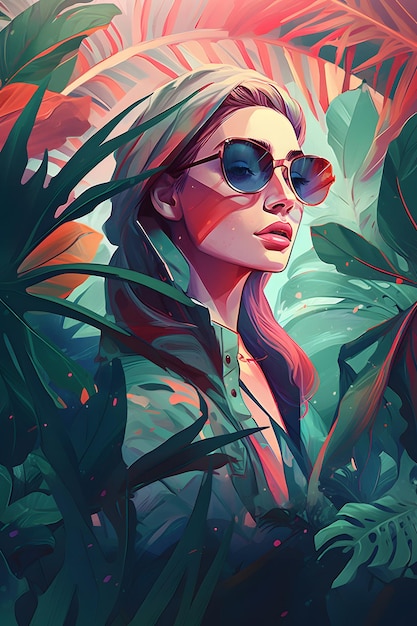 Image of woman wearing sunglasses in tropical setting with leaves around her Generative AI