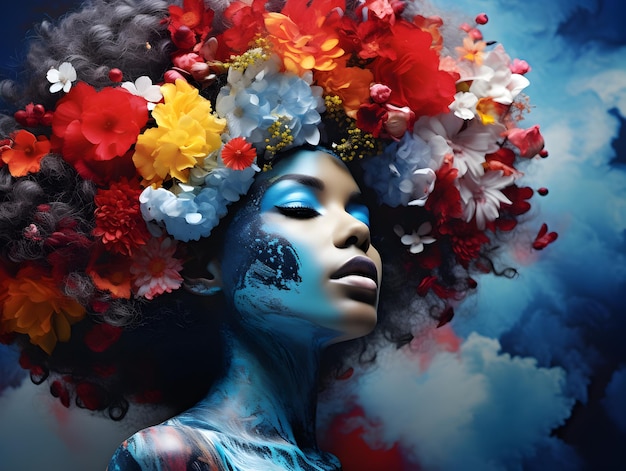 an image of a woman with an abstract floral background in the style of afrocaribbean influence