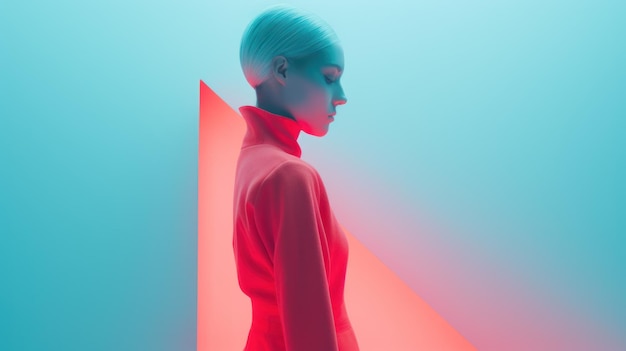 An image of a woman with blue hair wearing a red dress posing in front of a colorful blue and red wall