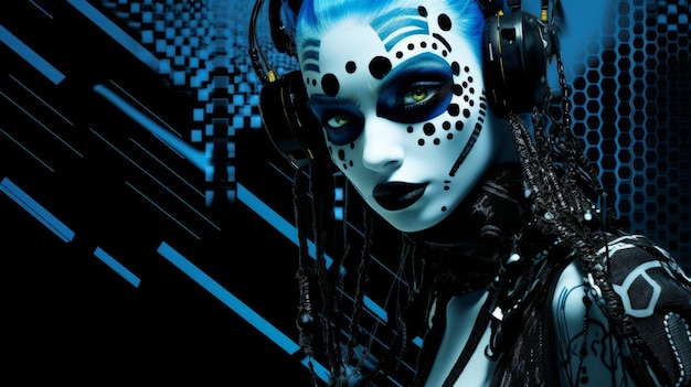 an image of a woman with blue makeup and headphones