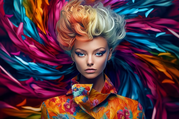 Image of woman with bright hair and colorful feathers on her head Generative AI