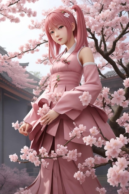 Image of a woman with cherry blossoms in the background and wearing Japanese clothes