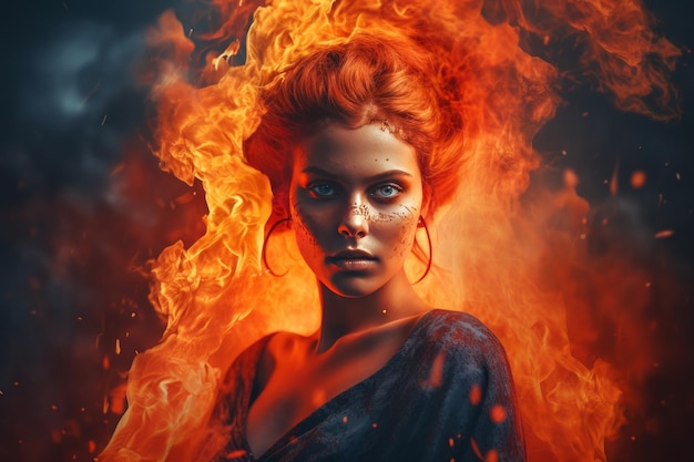 An image of a woman with a fire background in the style of realistic hyperdetailed portraits Generative AI