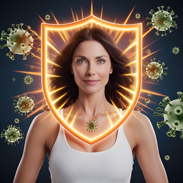 Photo an image of a woman with a glowing shield symbolizing a strong immune system surrounded by viruses