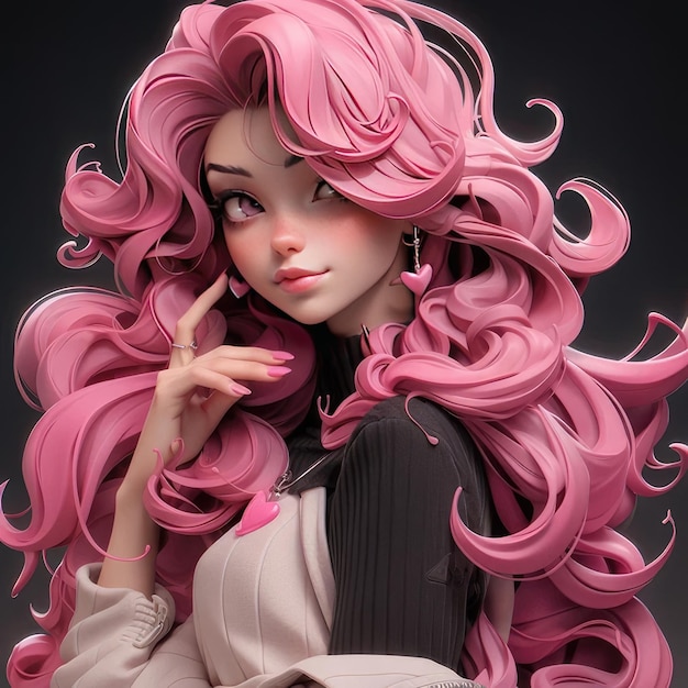 An image of a woman with pink hair