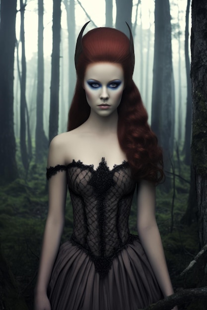 an image of a woman with red hair in a forest