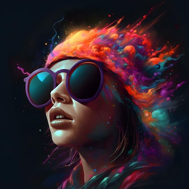 Image of woman with sunglasses and colorful hairdow on her head Generative AI