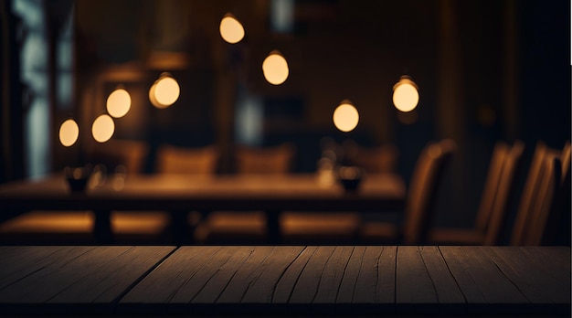 Image of wooden table in front of abstract blurred back ai generative