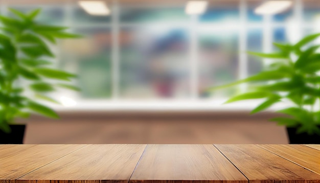 Image of wooden table in front of abstract blurred background of Cannabis Dispensary Shop