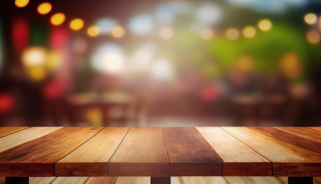 Image of wooden table in front of abstract blurred background of restaurant lights Generative Ai