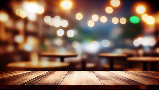 Image of wooden table in front of abstract blurred background of restaurant lights Generative Ai