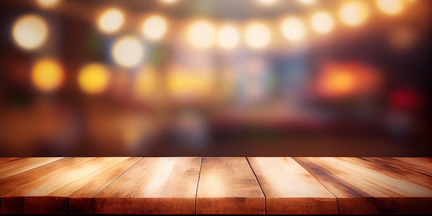 Image of wooden table in front of abstract blurred background of restaurant lights Generative Ai