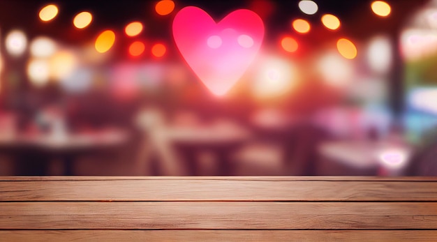 Image of wooden table in front of abstract blurred background of restaurant lights Valentines Day