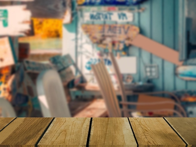 Image of wooden table in front of abstract blurred background of shopping mall shop