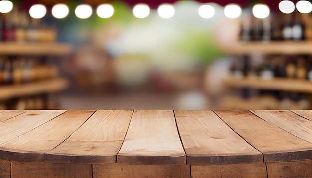 Image of wooden table in front of abstract blurred background of Winery Generative Ai