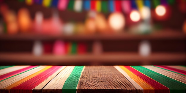 Image of wooden table in front and abstract blurred bright cinco de mayo background Generative Ai