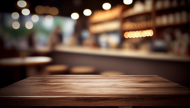 Image of wooden table in front of abstract blurred restaurant lights background