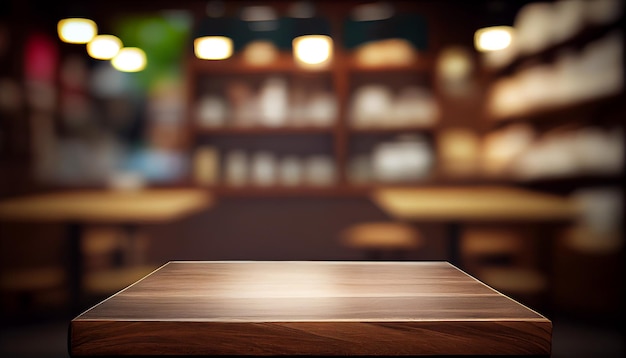 Image of wooden table in front of abstract blurred restaurant lights background