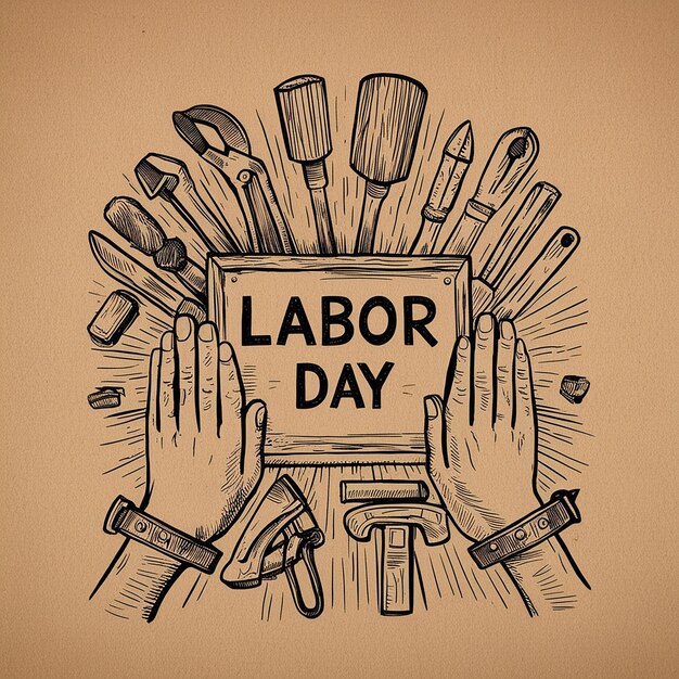 Image of work gloves tools and the American flag on a concrete surface representing Labor Day in the USA