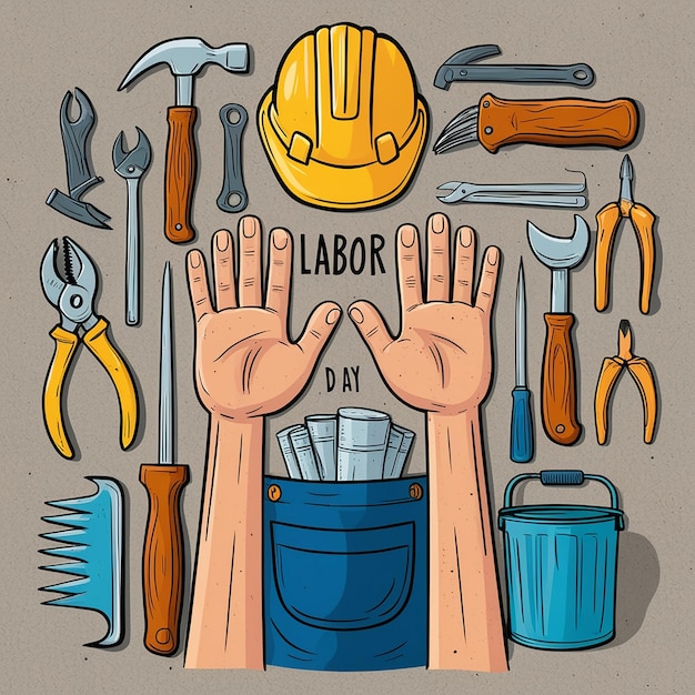 Photo image of work gloves tools and the american flag on a concrete surface representing labor day in the usa