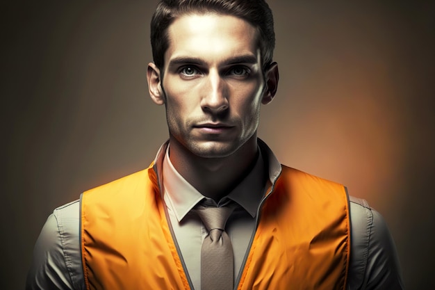 Image of working man in orange vest as business concept