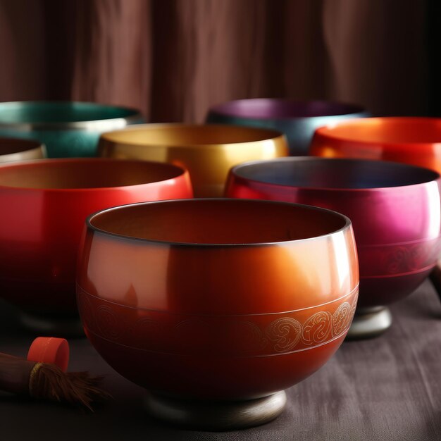 Image of yoga singing bowls in warm realistic colors generative AI