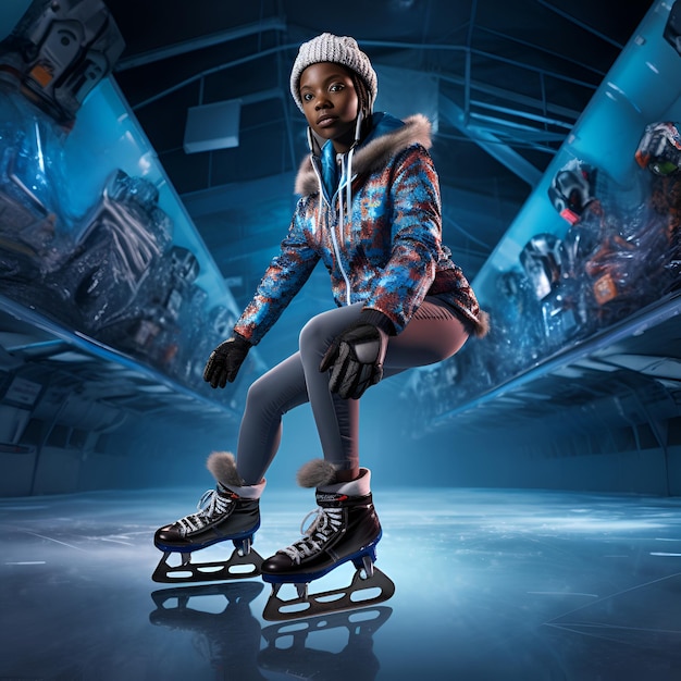 Image of a young african ice skater girl who is making figure ice skating in an indoor ice skating rink A female afro american ice skater making winter sports Winter activities concept AI