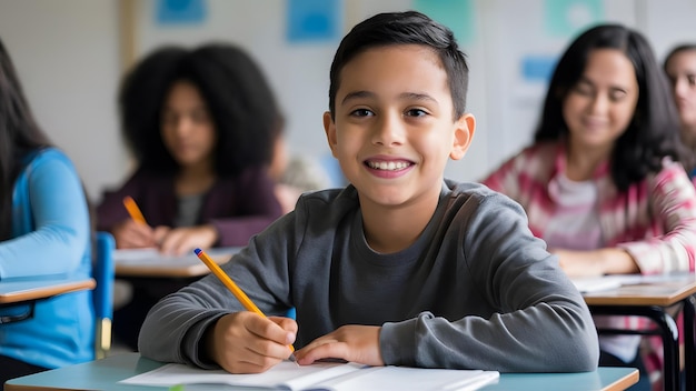 In the image a young boy is sitting at a desk with a pencil in his hand smiling he is surrounded