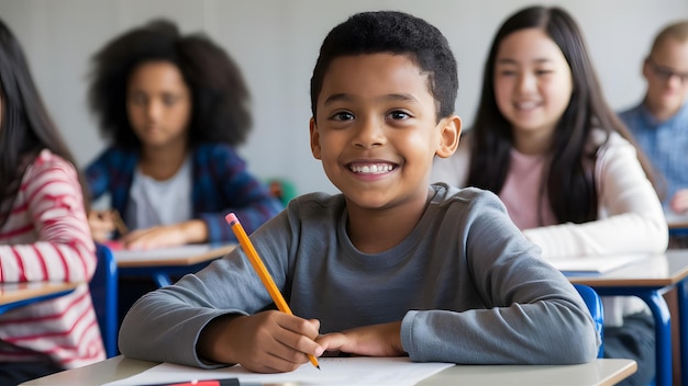 In the image a young boy is sitting at a desk with a pencil in his hand smiling he is surrounded