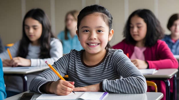 In the image a young girl is sitting at a desk with a pencil in her hand smiling She is surrounde