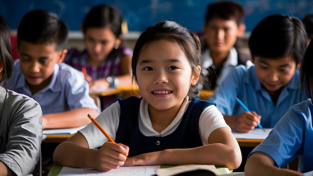 In the image a young girl is sitting at a desk with a pencil in her hand smiling She is surrounde