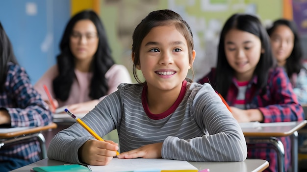 In the image a young girl is sitting at a desk with a pencil in her hand smiling She is surrounde