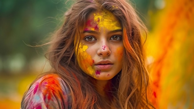 Image of a young lovely woman who splattered with colorful paint during the Indian celebration of colors Holi Generative AI