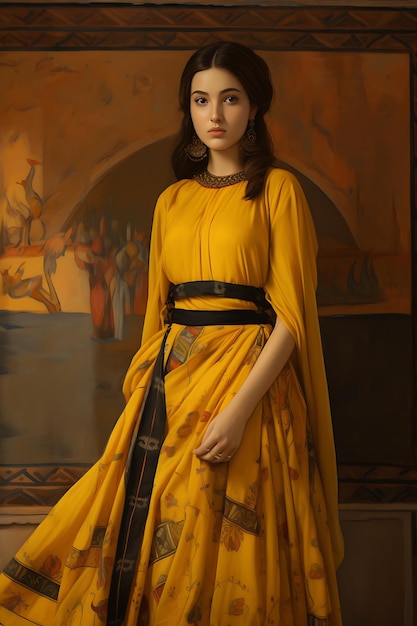 image of a young woman's dress in yellow and black