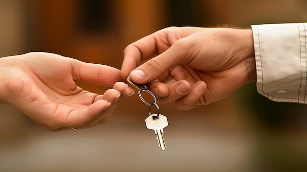 Images depicting keys hands and real estate transactions involving property sales house investments with realtors and new home acquisitions Closeup of hands holding keys