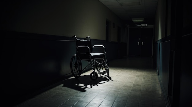 Images of an unoccupied wheelchair in an empty hospital hallway symbolic of illness or isolation silhouette concept