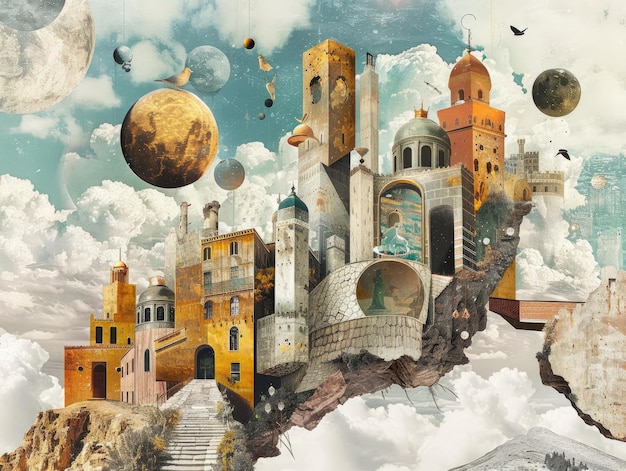 An imaginative collage art piece using elements of surrealism such as floating objects and dreamlike landscapes to create a captivating visual narrative