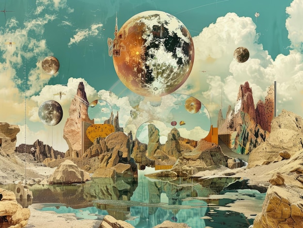 An imaginative collage art piece using elements of surrealism such as floating objects and dreamlike landscapes to create a captivating visual narrative