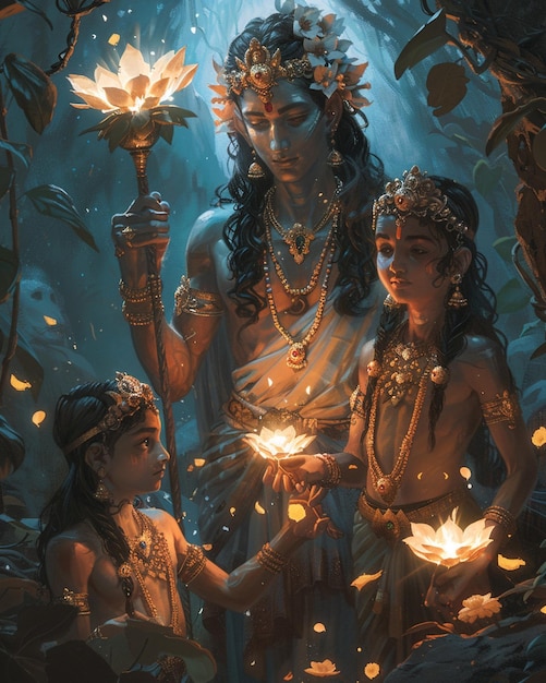 An imaginative depiction of Vishwamitra leading young Rama and Lakshmana to protect his yagna