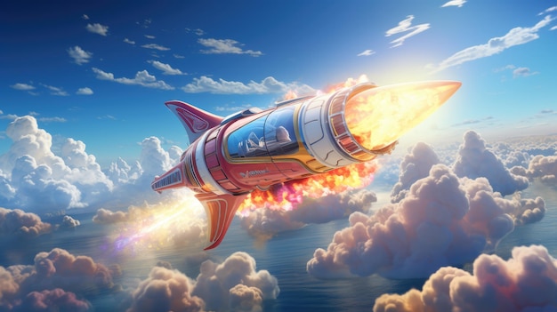 An imaginative illustration of a rocket ship flying through a sky