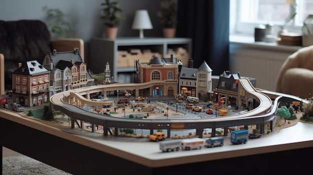 An imaginative play area complete with a miniature cityscape and toy cars AI generated