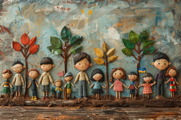 Photo an imaginative scene where children from various countries plant trees together