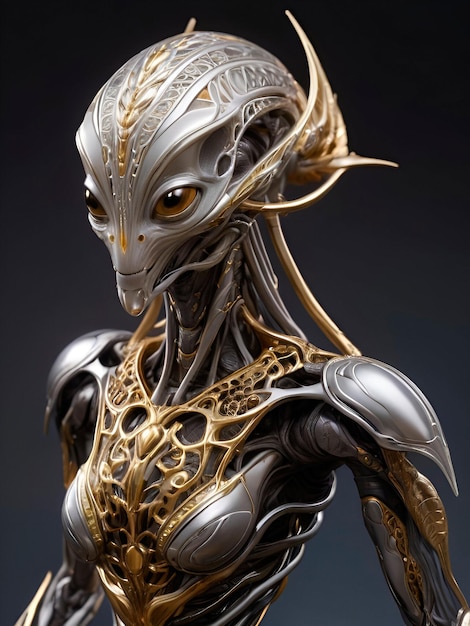 Imagine an alien with metallic insectoid features their exoskeleton gleaming with intricate